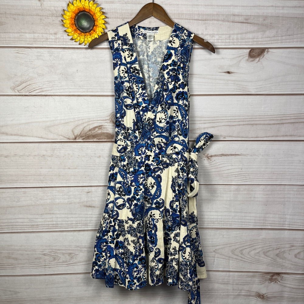 Christian Lacroix Blue Paisley Floral Linen Blend Wrap Dress Women's Rare Medium